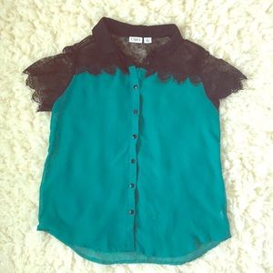 Shear Blouse with lace shoulder and sleeves.